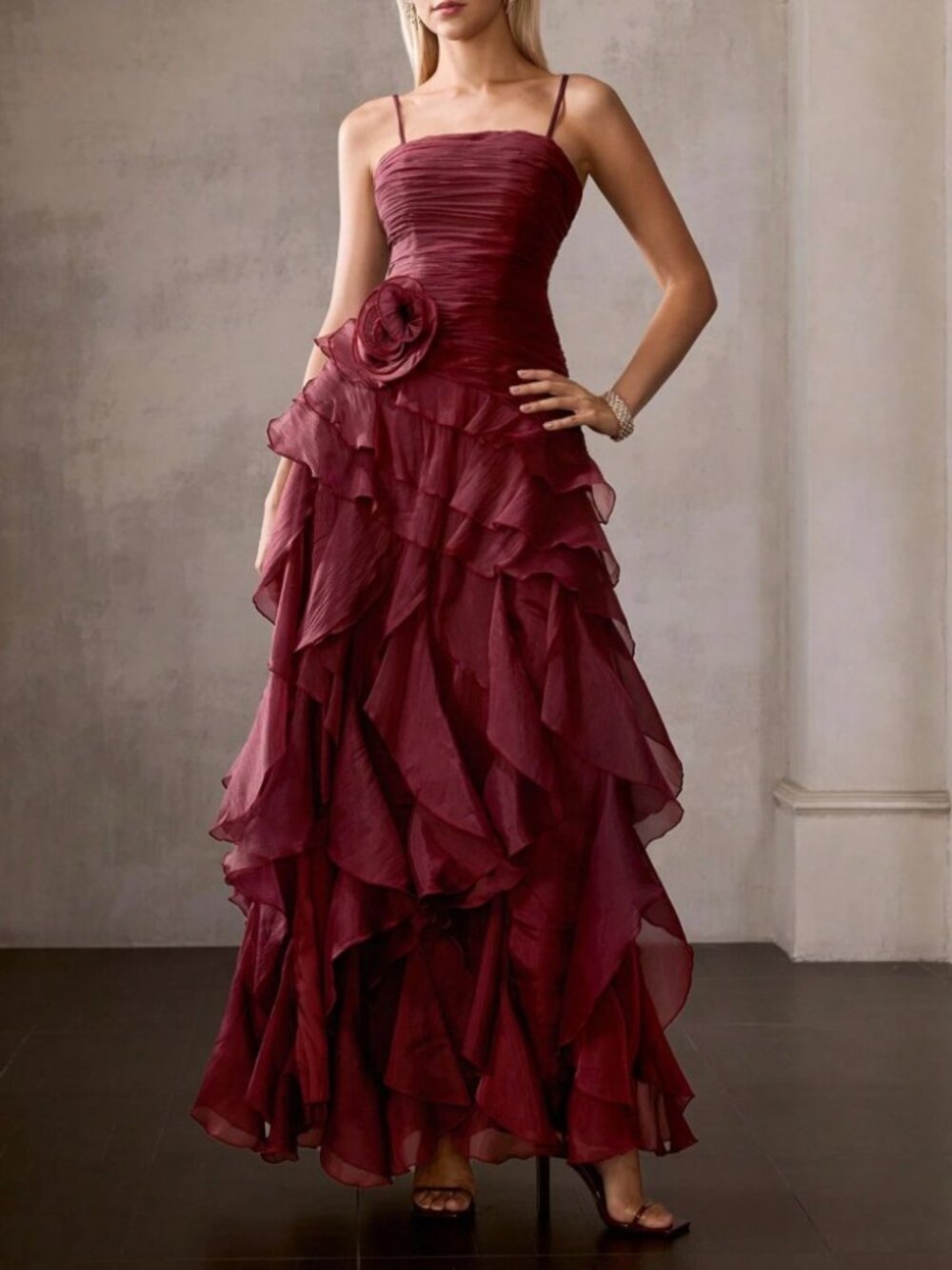 Burgundy Chiffon Ruffle Tiered Rosette Maxi Gown